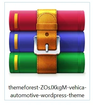A single downloaded archive named themeforest-ZOsJXkgM-vehica-automotive-wordpress-theme, shown with a compressed-folder icon.