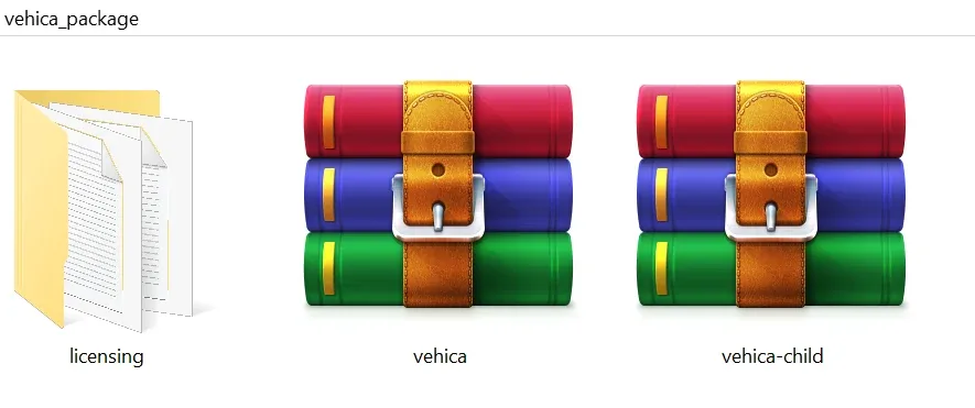 The extracted vehica_package folder holding a licensing folder next to the vehica and vehica-child theme archives.