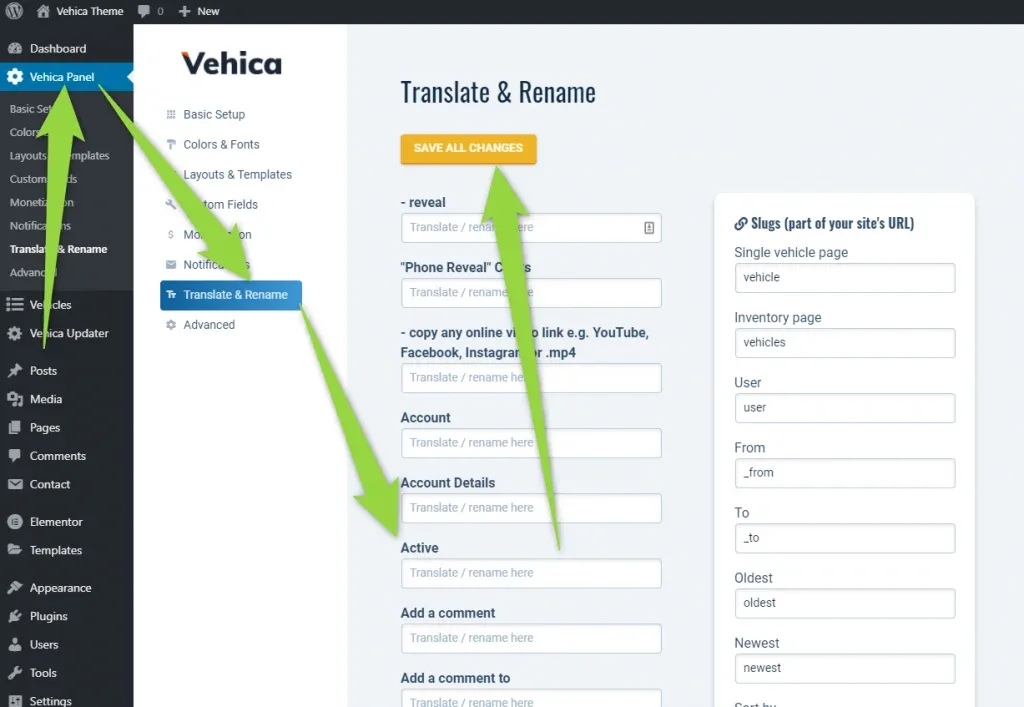 WordPress admin with Vehica Panel > Translate & Rename open. Green arrows point to the Translate & Rename menu item and to the empty "Translate / rename here" boxes next to labels such as Account, Account Details and Active.