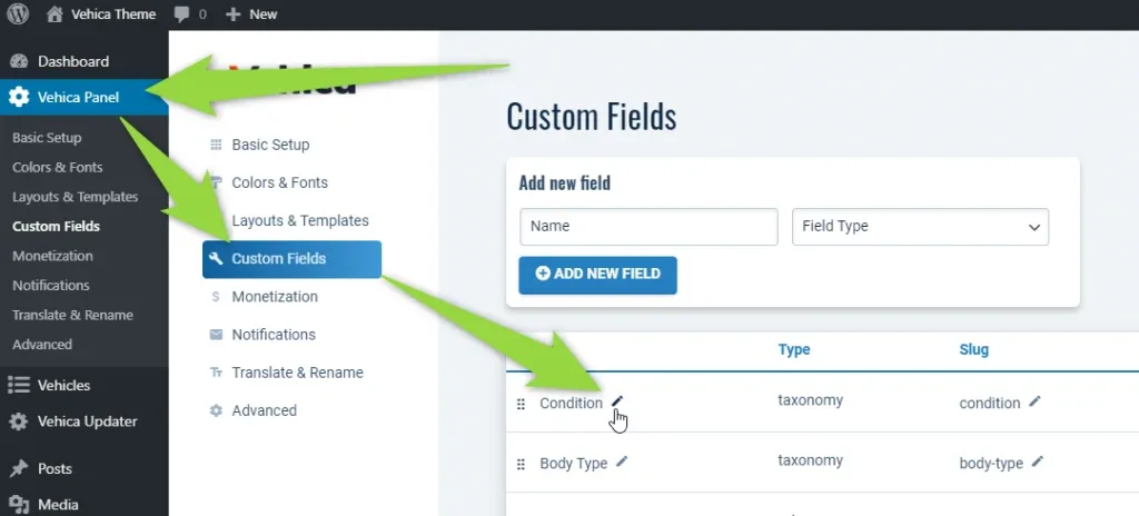 Vehica Panel > Custom Fields screen. Green arrows point to the Custom Fields menu item and to the pencil edit icon next to the Condition field, in a list with Name, Type and Slug columns and an "Add new field" box above it.