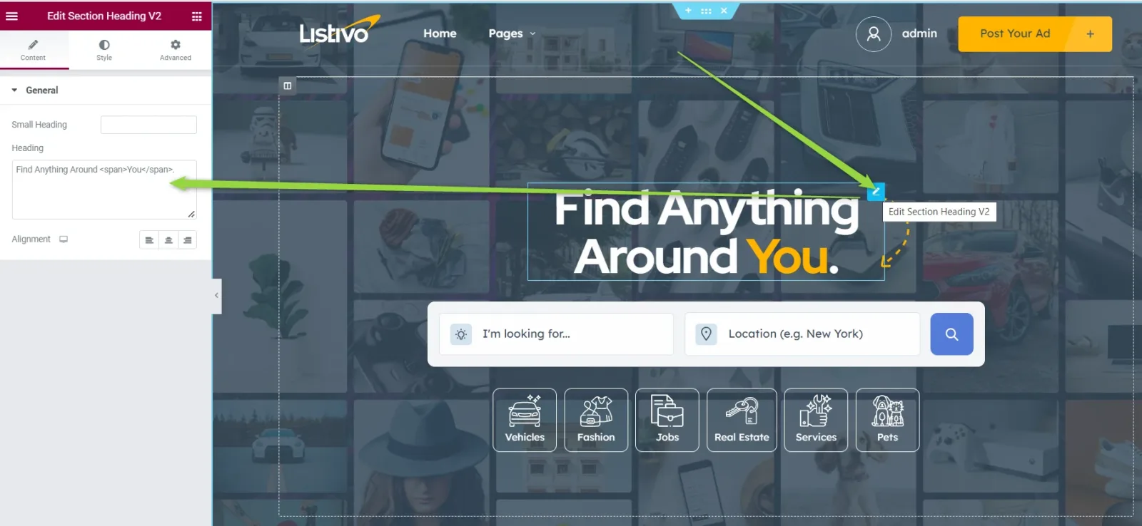 Elementor editing the homepage: the Edit Section Heading V2 panel on the left holds the "Find Anything Around You" text shown in the live preview.