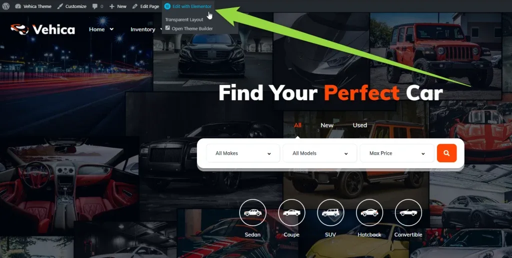The Vehica demo homepage on the front end with the WordPress admin bar above it. A green arrow points to "Edit with Elementor". The page shows the "Find Your Perfect Car" hero, All / New / Used tabs and a Make / Model / Max Price search bar.