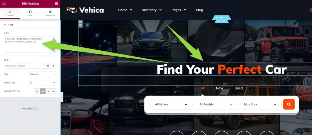 The same homepage open in the Elementor editor. The heading widget is selected and the "Edit Heading" panel is open on the left; green arrows run from the panel Title box to the "Find Your Perfect Car" headline on the canvas.