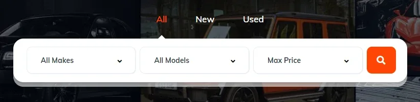 The Vehica search bar over a car photo: All, New and Used tabs above a white bar with All Makes, All Models and Max Price dropdowns and an orange search button.