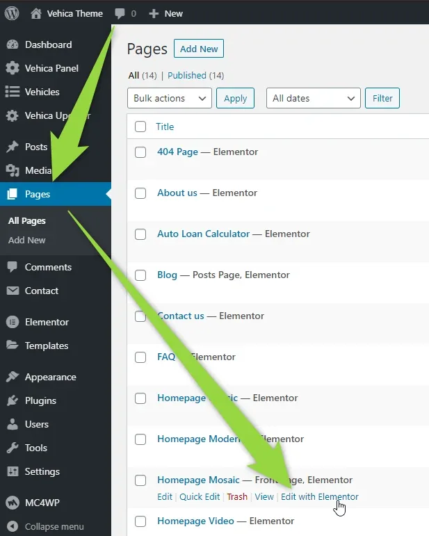 The WordPress Pages list, with arrows running from the Pages item in the sidebar to the “Edit with Elementor” row action under “Homepage Mosaic — Front Page, Elementor”.