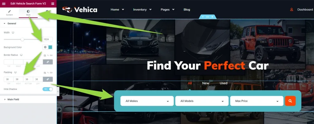 Elementor open on the Vehica homepage. The left panel reads “Edit: Vehicle Search Form V3” with Width, Background Color and Padding settings; arrows point to those settings and to the All Makes / All Models / Max Price search bar in the hero.