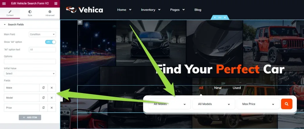 The same widget on its Content tab: a Search Fields list with Main Field, initial value and the Make, Model and Price fields plus an Add Field button, with an arrow pointing to the search bar on the “Find Your Perfect Car” hero.