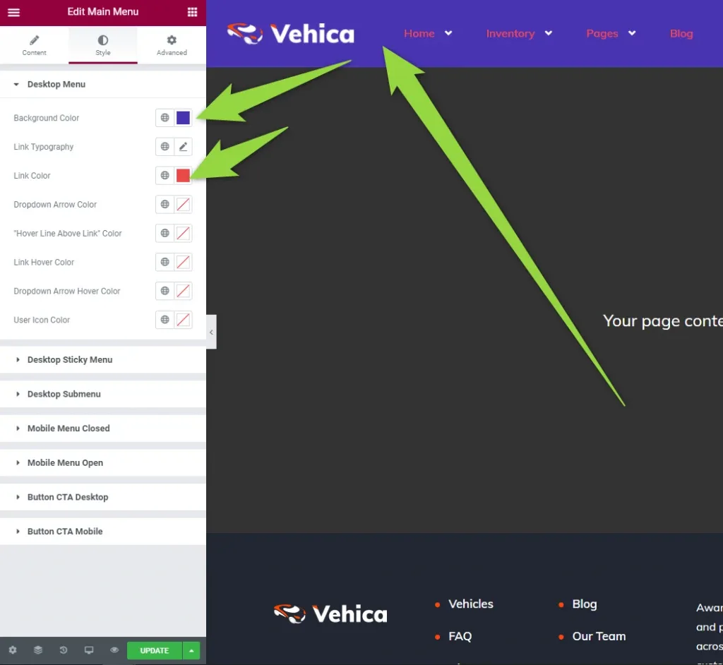 The layout open in Elementor with the “Edit Main Menu” panel on its Style tab — Background Color, Link Typography, Link Color and other Desktop Menu options; arrows point from two colour swatches to the menu bar in the preview.