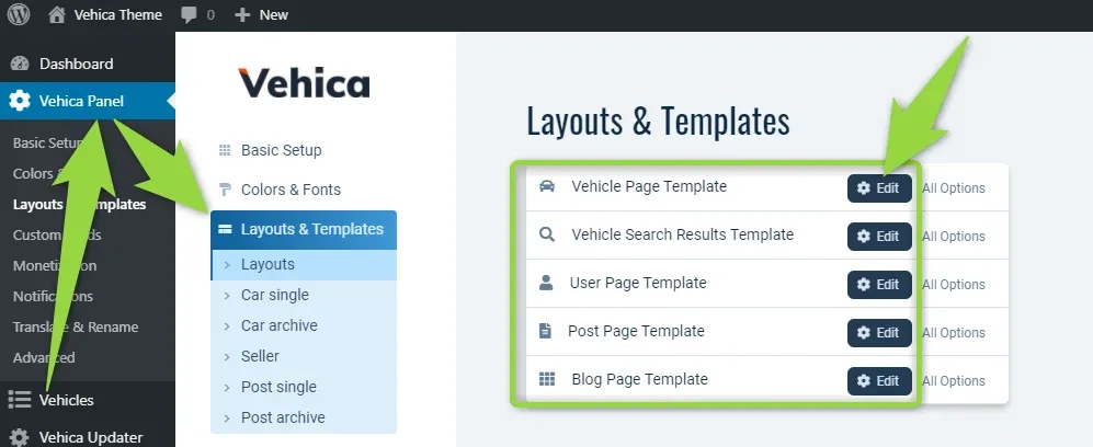 Vehica Panel → Layouts & Templates in wp-admin, with arrows pointing to the Vehica Panel menu item and to the template list — Vehicle Page, Vehicle Search Results, User Page, Post Page and Blog Page Template — each with an Edit button.