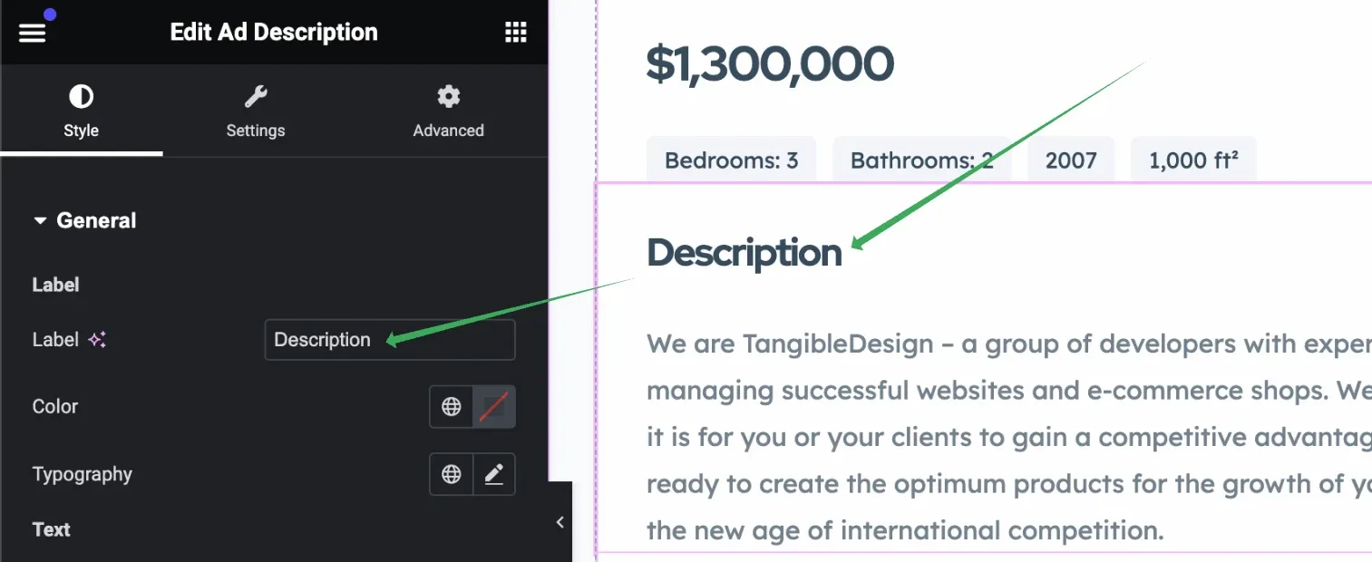 Elementor's Edit Ad Description panel with the Label field set to "Description", next to the ad page preview showing that same Description heading.
