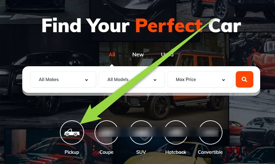 The Vehica homepage hero “Find Your Perfect Car” with the All Makes / All Models / Max Price search bar and a row of round category icons below it — Pickup, Coupe, SUV, Hatchback, Convertible — with an arrow pointing at the Pickup icon.