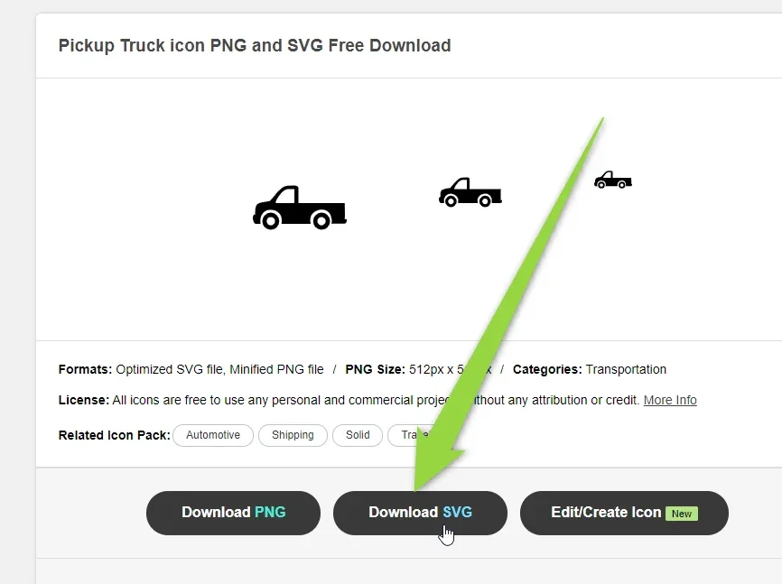 The uxwing.com page “Pickup Truck icon PNG and SVG Free Download” showing the icon in three sizes, with an arrow pointing to the “Download SVG” button beside Download PNG and Edit/Create Icon.