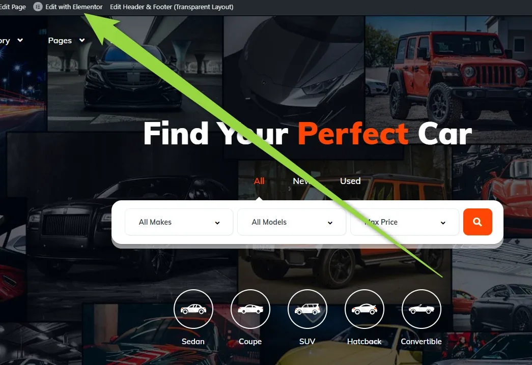 The Vehica homepage on the front end with the admin bar on top; an arrow runs from “Edit with Elementor” down to the row of category icons — Sedan, Coupe, SUV, Hatchback, Convertible — under the search bar.