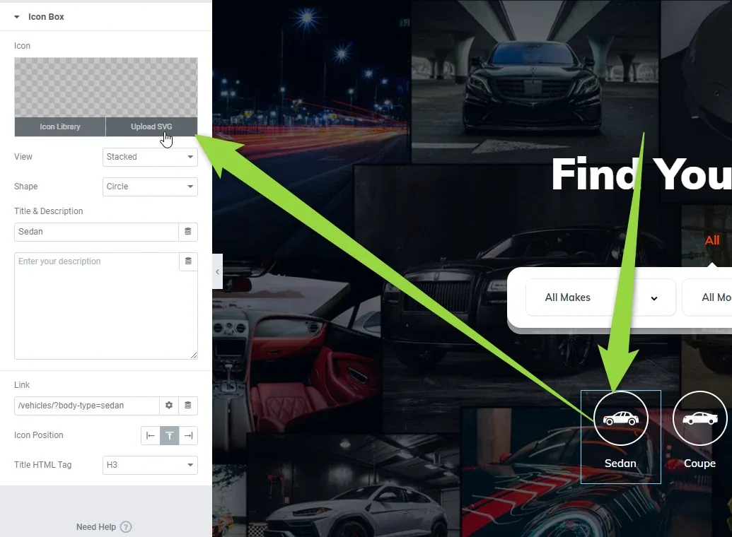 Elementor Icon Box panel with the icon preview and the Icon Library / Upload SVG tabs, View set to Stacked, Shape Circle, Title & Description “Sedan” and a Link field; arrows run from Upload SVG to the Sedan icon in the hero.