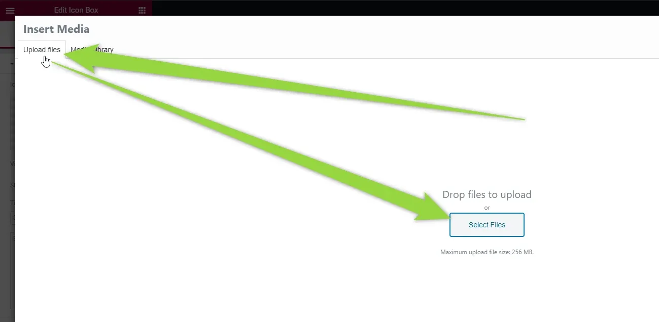 The WordPress Insert Media screen on the “Upload files” tab, with arrows pointing to the tab and to the “Select Files” button under “Drop files to upload”.