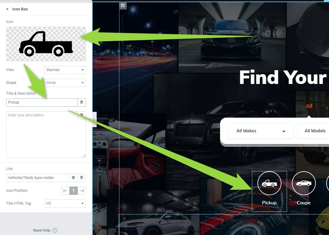 The Icon Box panel now shows a pickup-truck icon with the title “Pickup”, while the Link field below still reads /vehicles/?body-type=sedan; arrows point to the icon, the title and the new Pickup icon in the hero.