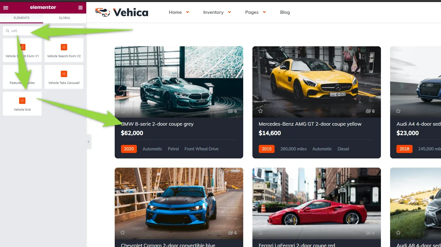 Elementor with its widget panel open on the left — the widget search box and Vehica widget tiles — and arrows pointing from the search box to a widget tile and to the grid of car cards on the page (BMW 8-series $62,000, Mercedes-Benz AMG GT $14,600).