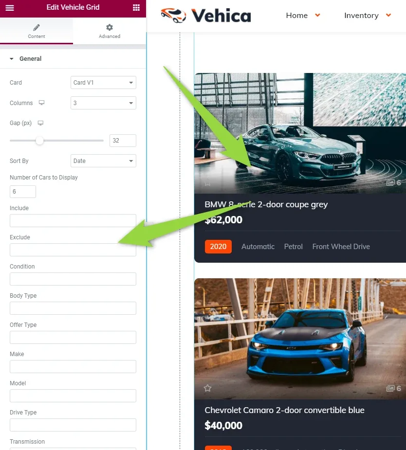 The Edit Vehicle Grid panel in Elementor with General settings (Card V1, 3 columns, Gap 32, Sort By Date, 6 cars) and the Include, Exclude, Condition, Body Type, Offer Type, Make, Model and Drive Type fields; arrows point to Include and Exclude and to a car card in the preview.