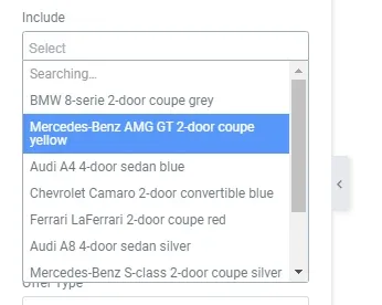 The Include field expanded into a searchable dropdown listing vehicles — BMW 8-series 2-door coupe grey, Mercedes-Benz AMG GT 2-door coupe yellow (highlighted), Audi A4, Chevrolet Camaro, Ferrari LaFerrari and more.