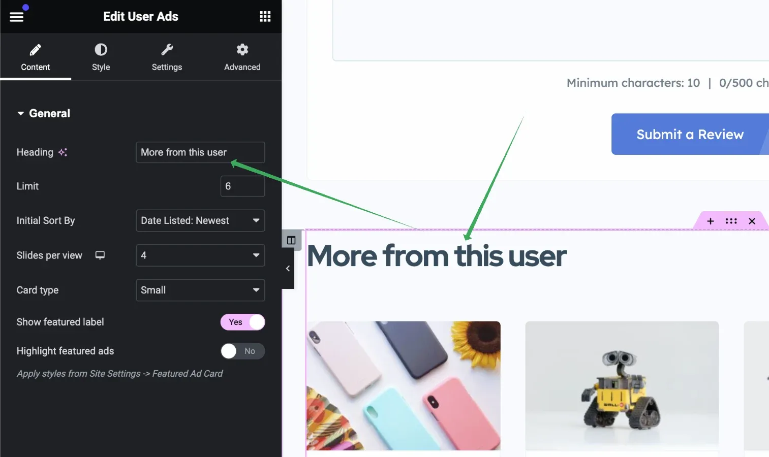 Elementor's Edit User Ads panel with the Heading field set to "More from this user", matching the section title in the preview.