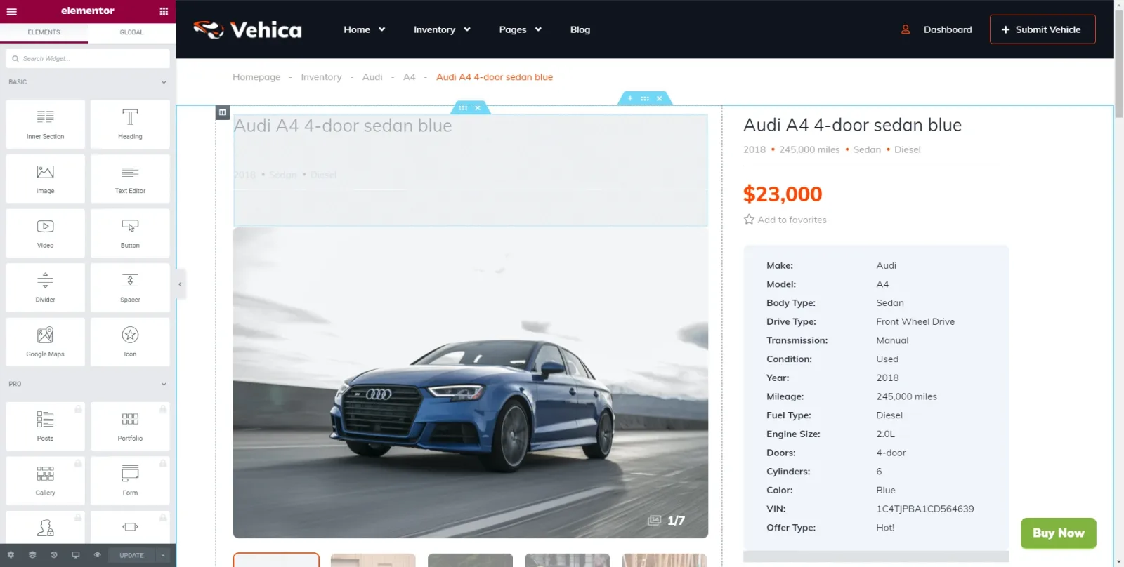 Elementor editing the listing template, previewing “Audi A4 4-door sedan blue”: the widget panel on the left, the car gallery in the middle, and the $23,000 price with the Make, Model, Body Type, Transmission and VIN rows on the right.