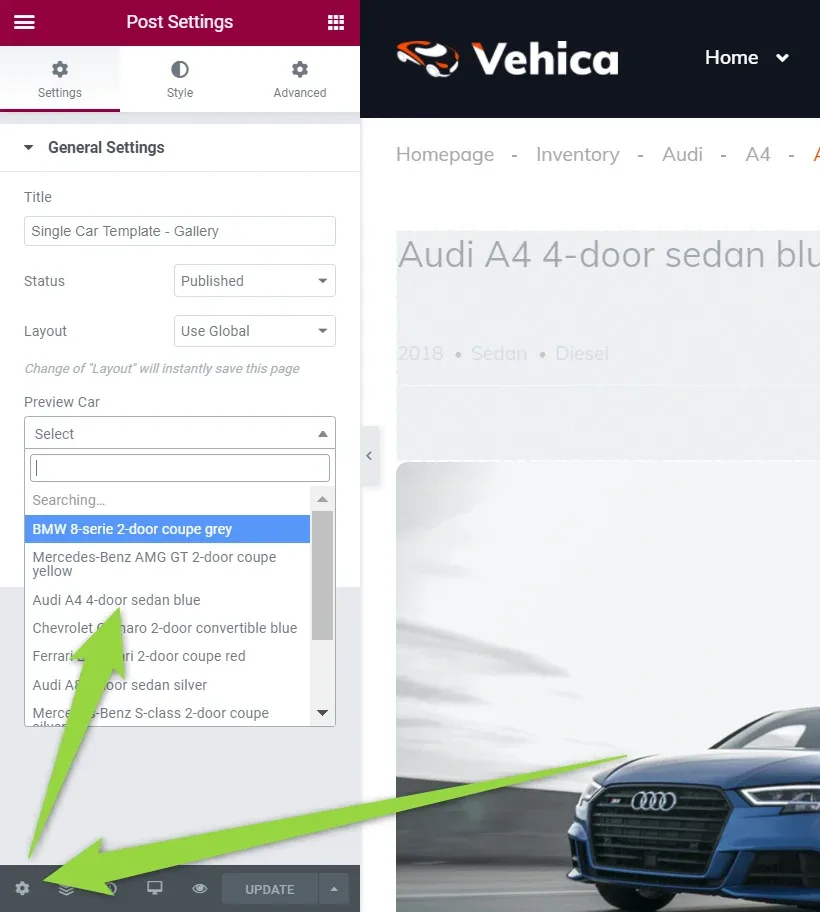 Elementor Post Settings panel for “Single Car Template - Gallery”, with Status Published and Layout Use Global; the Preview Car dropdown is open on BMW 8-series, Mercedes-Benz AMG GT, Audi A4 and other listings.