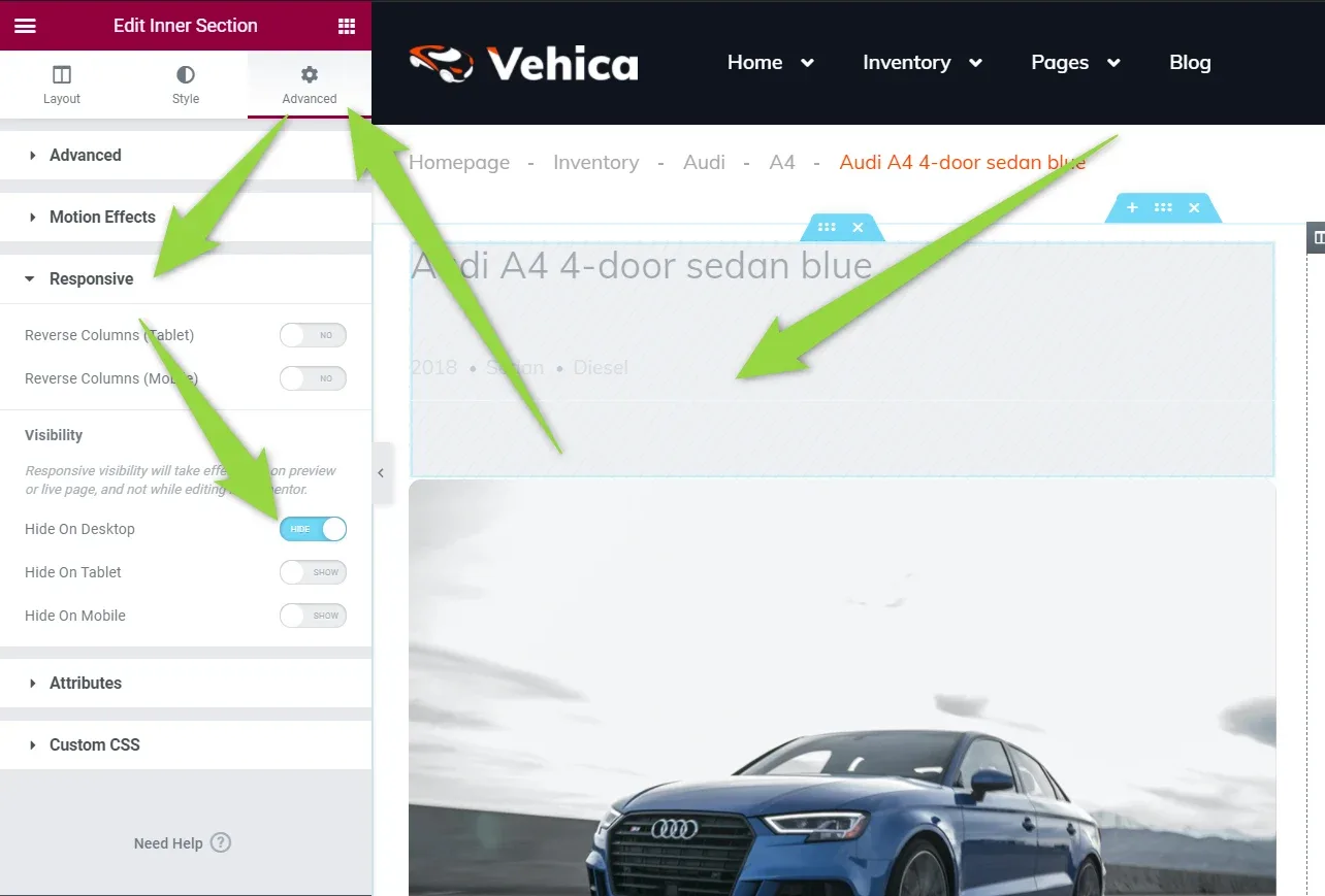 The Edit Inner Section panel on its Advanced tab with Responsive → Visibility open and “Hide On Desktop” switched on; arrows point to the switch and to the faded, greyed-out title section in the page preview.