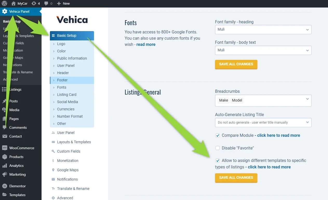 Vehica Panel Basic Setup screen with Fonts and “Listings: General” settings; an arrow points to the ticked “Allow to assign different templates to specific types of listings” checkbox above the Save All Changes button.