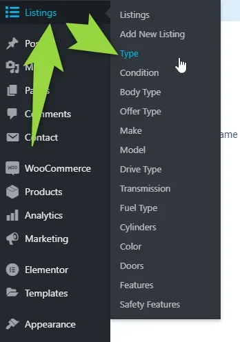 WordPress admin sidebar with the Listings menu expanded; an arrow points to the “Type” submenu item, among Condition, Body Type, Offer Type, Make, Model, Drive Type, Transmission and other listing taxonomies.
