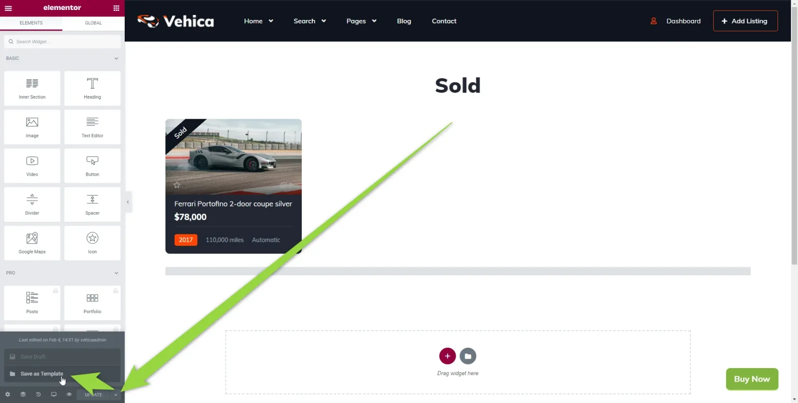 Elementor open on the demo “Sold” page, which shows one Ferrari Portofino listing card at $76,000; an arrow points to the save options next to the Update button at the bottom of the left panel.
