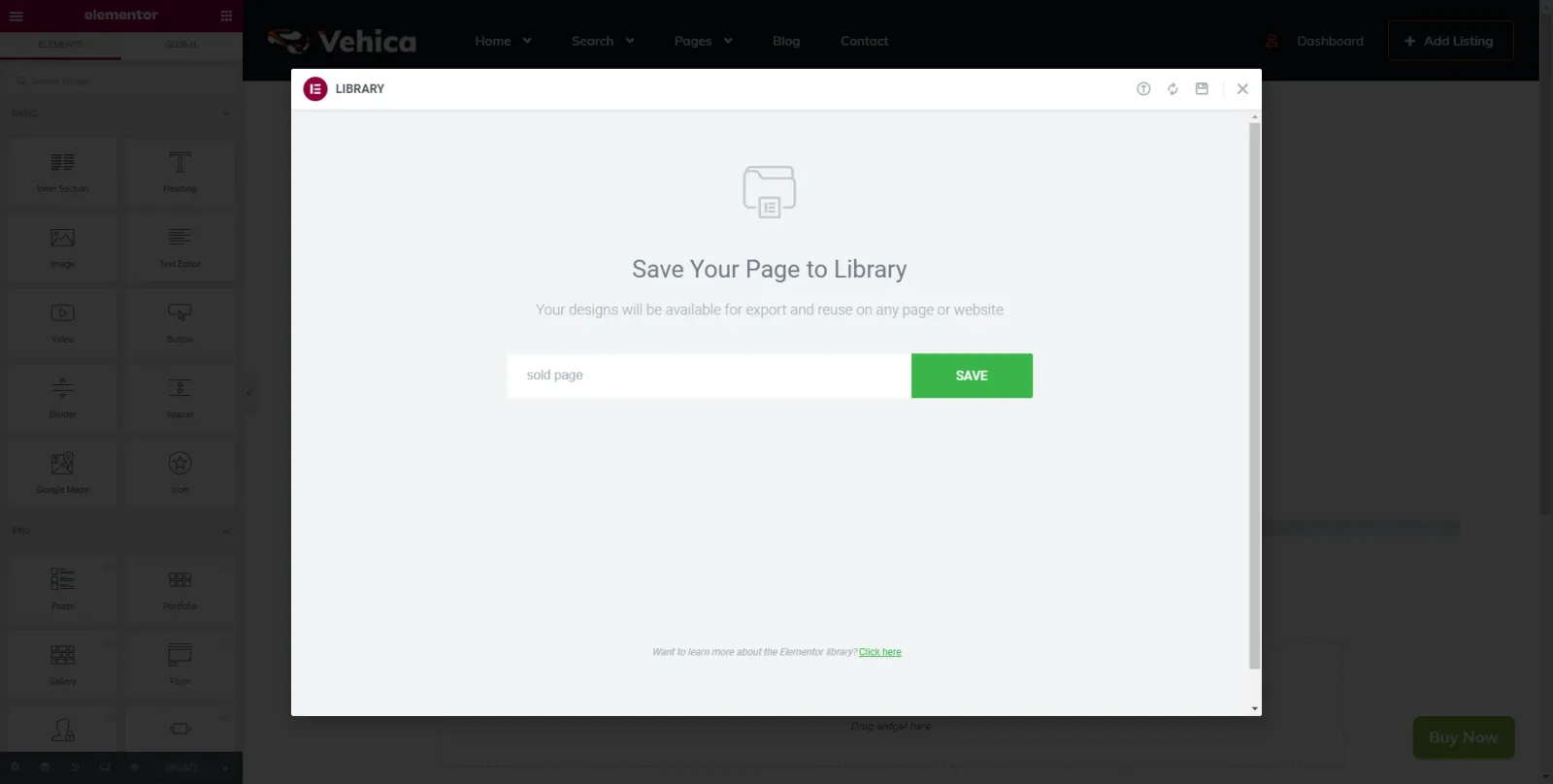 Elementor’s “Save Your Page to Library” dialog with an “Enter Title” field and a green SAVE button.
