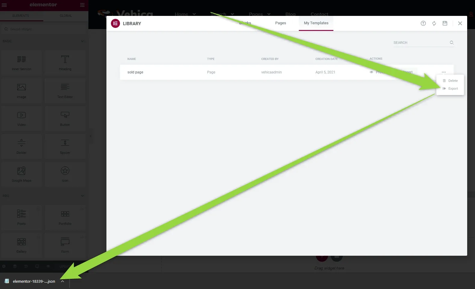 The Elementor Library on the My Templates tab, with one saved template of type Page; an arrow points to its Delete / Export menu, and another to the downloaded elementor-….json file in the browser’s download bar.