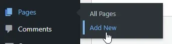 The WordPress sidebar with the Pages menu open and the cursor on “Add New”, next to “All Pages”.