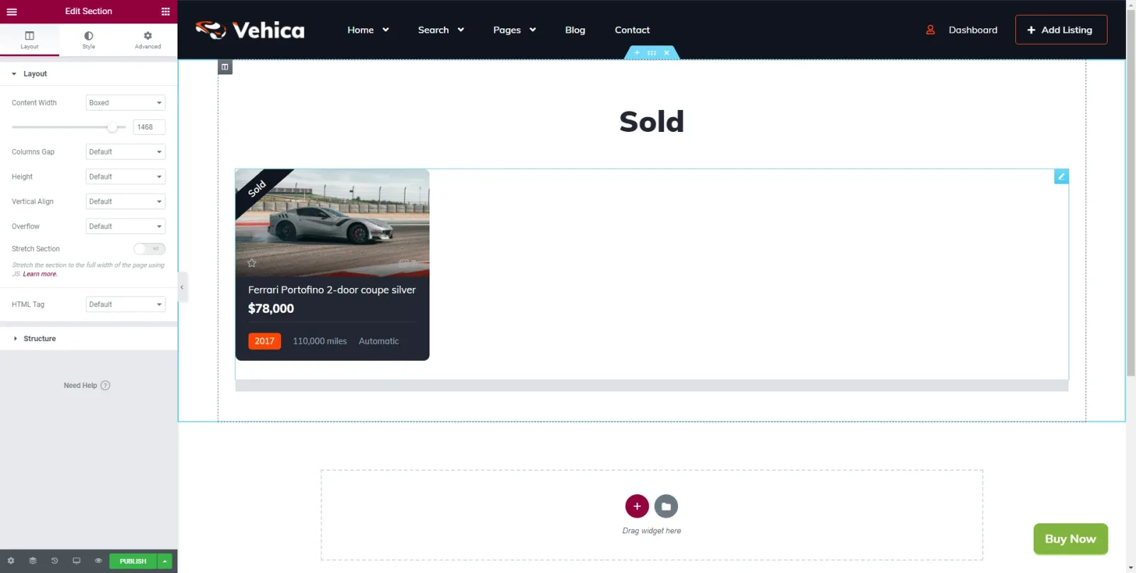 The rebuilt page open in Elementor: the “Sold” heading with the Ferrari Portofino listing card at $76,000 below it, and the Edit Section panel on the left.