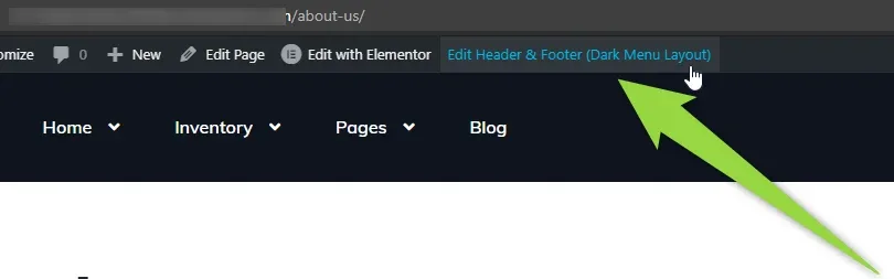 WordPress admin bar on a front-end page with an arrow pointing to the “Edit Header & Footer (Dark Menu Layout)” link, next to “Edit with Elementor”